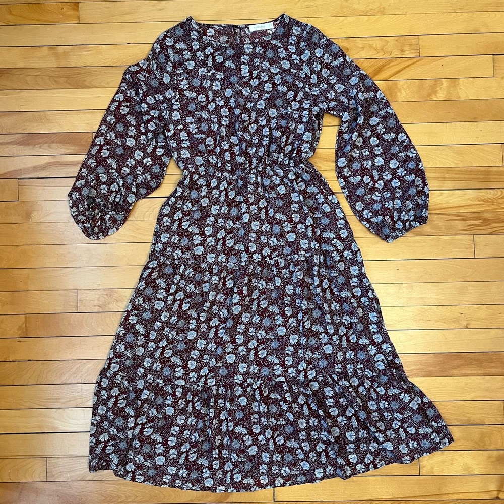 EUC Floral Midi Dress in Maroon and White - Medium